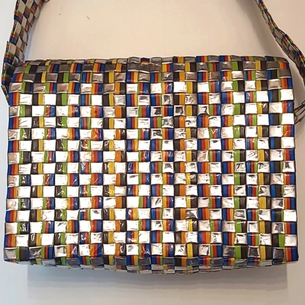 Colorful Woven Shoulder Bag Flap Closure Bright Shiny Handbag Artistic Patchwork